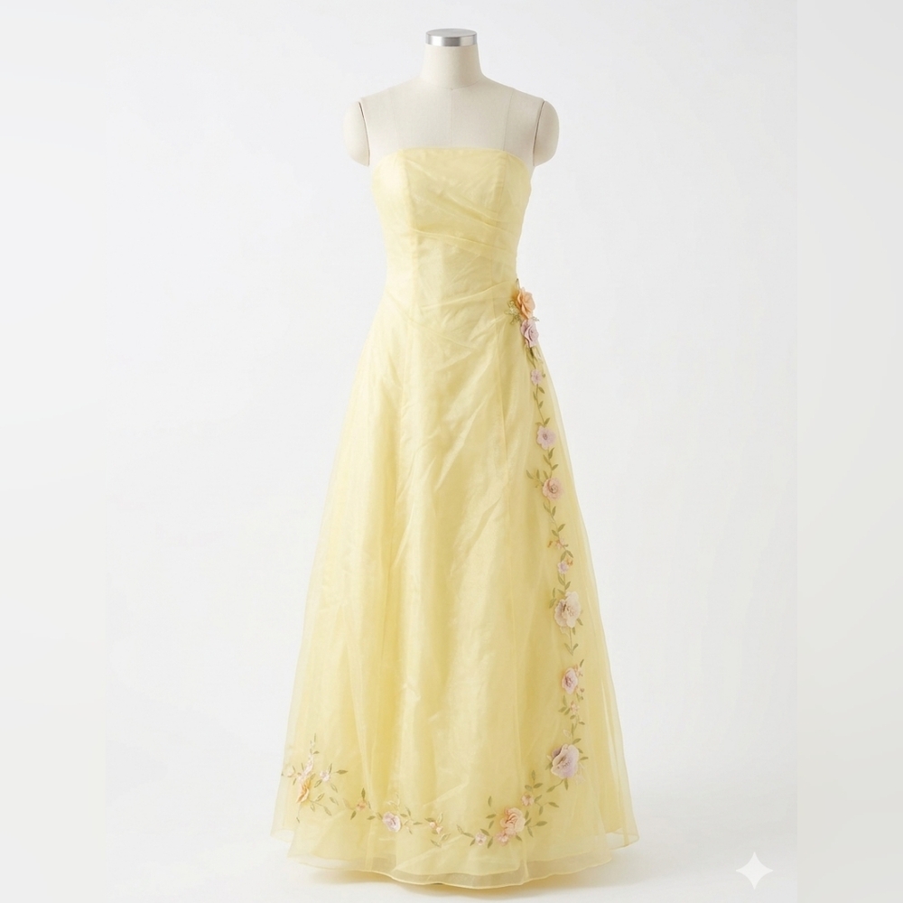 Night Moves Prom Collection Strapless Yellow Floral-Appliqué Gown